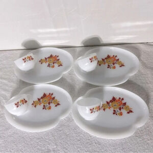 Vintage Federal  Milk Glass Autumn Blossom Tea Cups W Luncheon Plate Sets x4